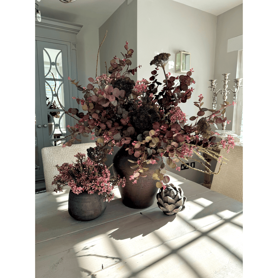 Burgundy Eucalyptus, Angelica and Wax Flower in a Rustic Brown Stone Vase (Large) - Sutherland Interiors
