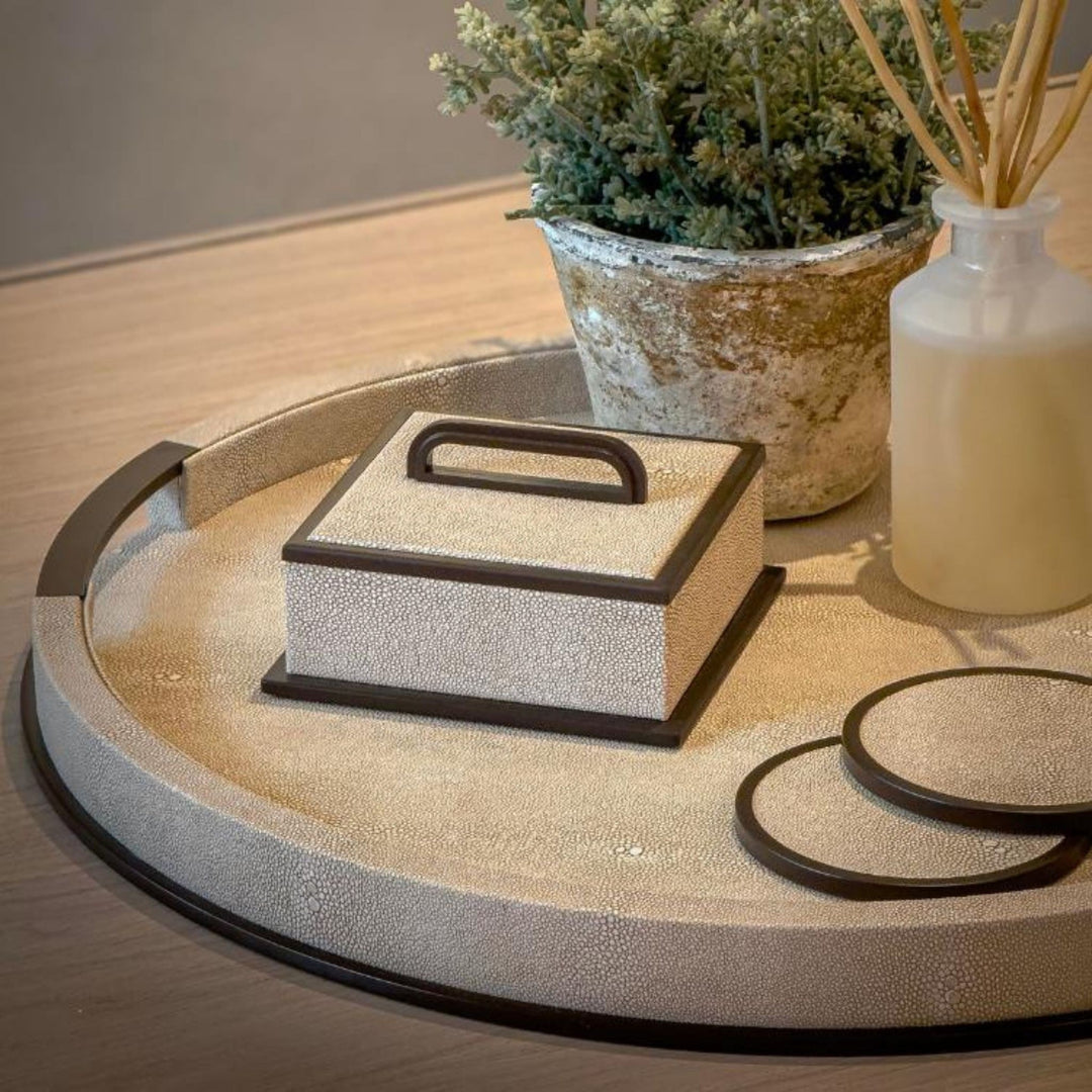 Large Round Ecru Shagreen Tray - Sutherland Interiors