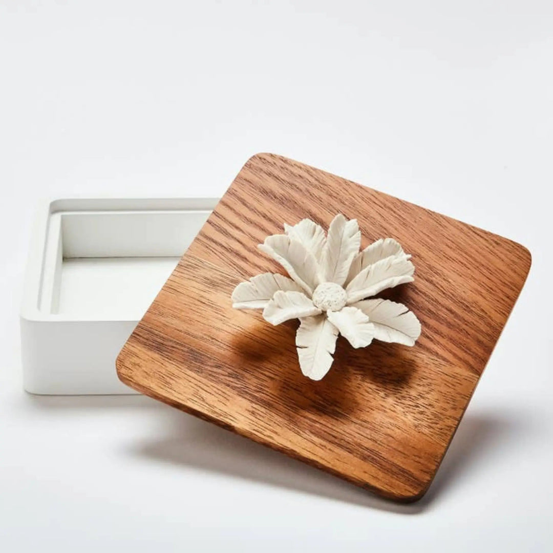 Luxor XL Wooden Box with Lid and Porcelain Flower - Sutherland Interiors