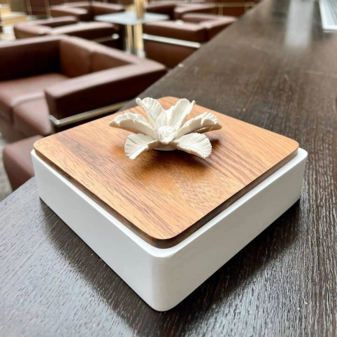 Luxor XL Wooden Box with Lid and Porcelain Flower - Sutherland Interiors