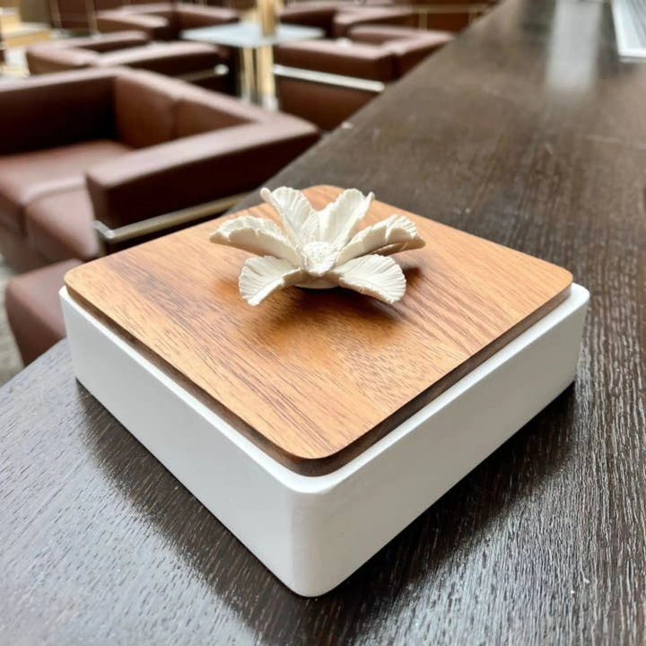 Luxor XL Wooden Box with Lid and Porcelain Flower - Sutherland Interiors
