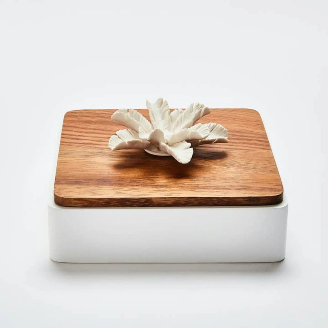 Luxor XL Wooden Box with Lid and Porcelain Flower - Sutherland Interiors