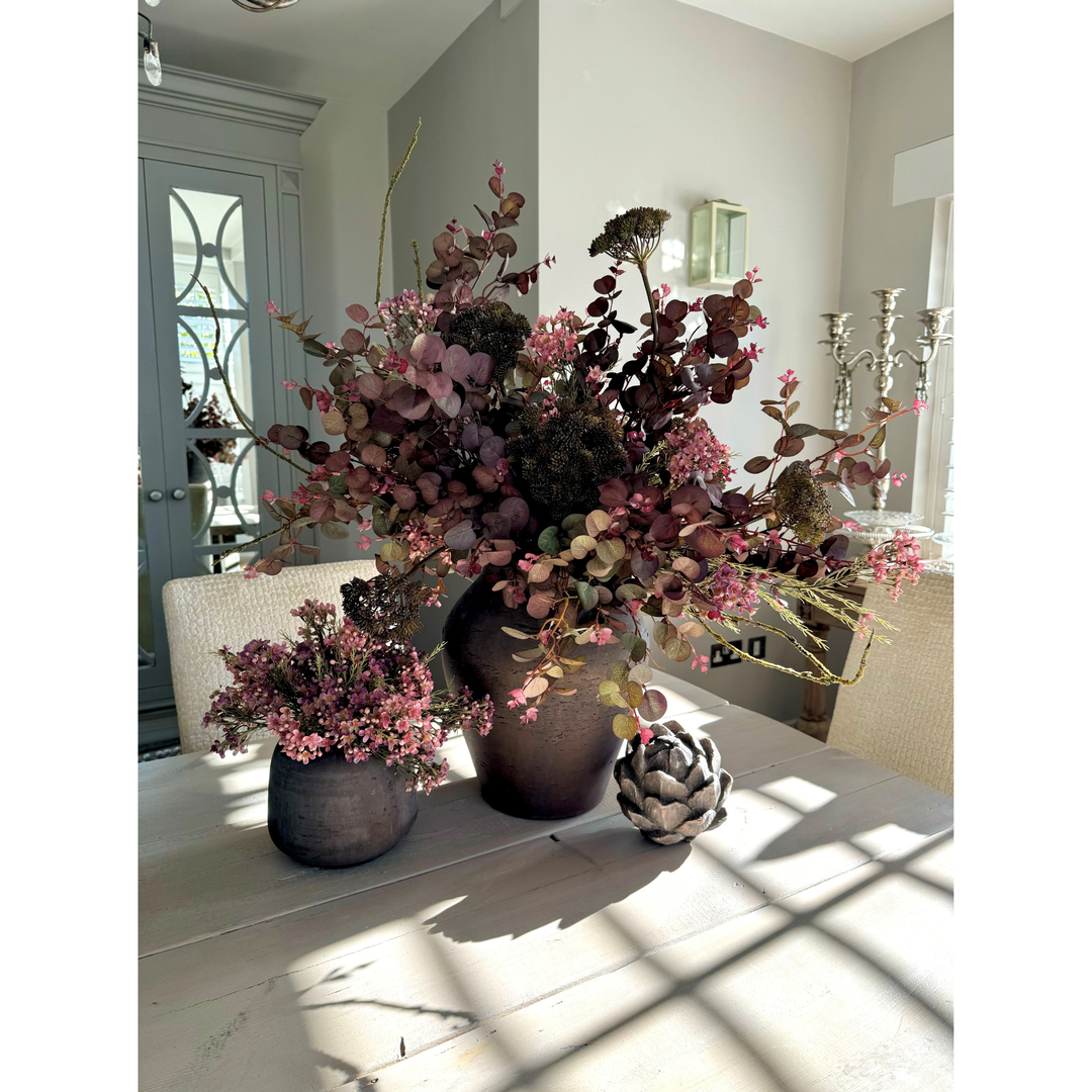 Burgundy Eucalyptus, Angelica and Wax Flower in a Rustic Brown Stone Vase (Large)
