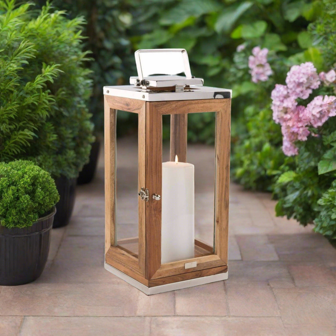 Toledo Steel Lantern Acacia - Medium - Sutherland Interiors