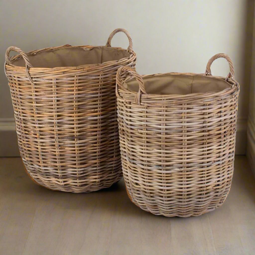Tall Round Fireside Grey Rattan Log Basket