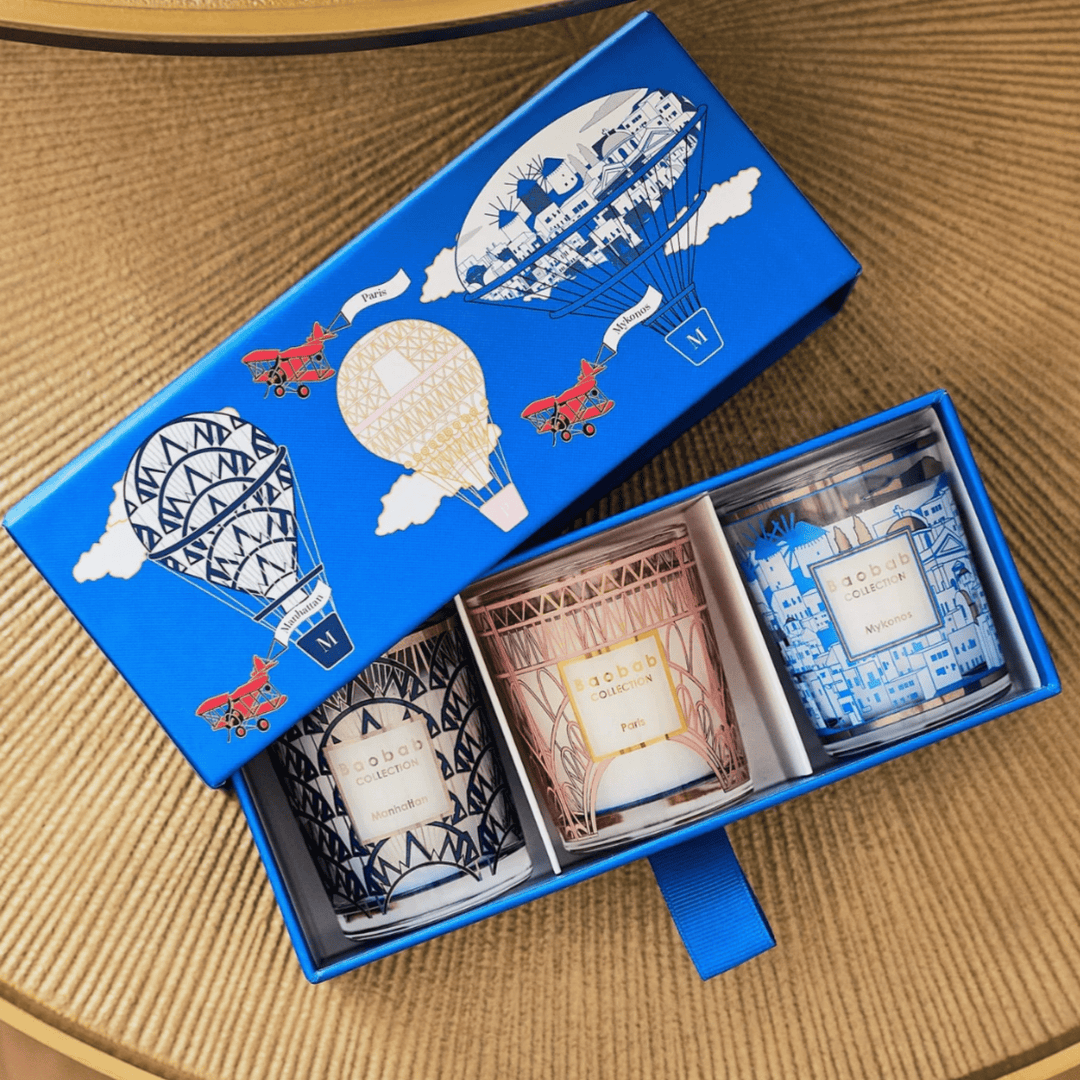 Baobab Trio Travel Candles – Manhattan · Paris · Mykonos - Sutherland Interiors