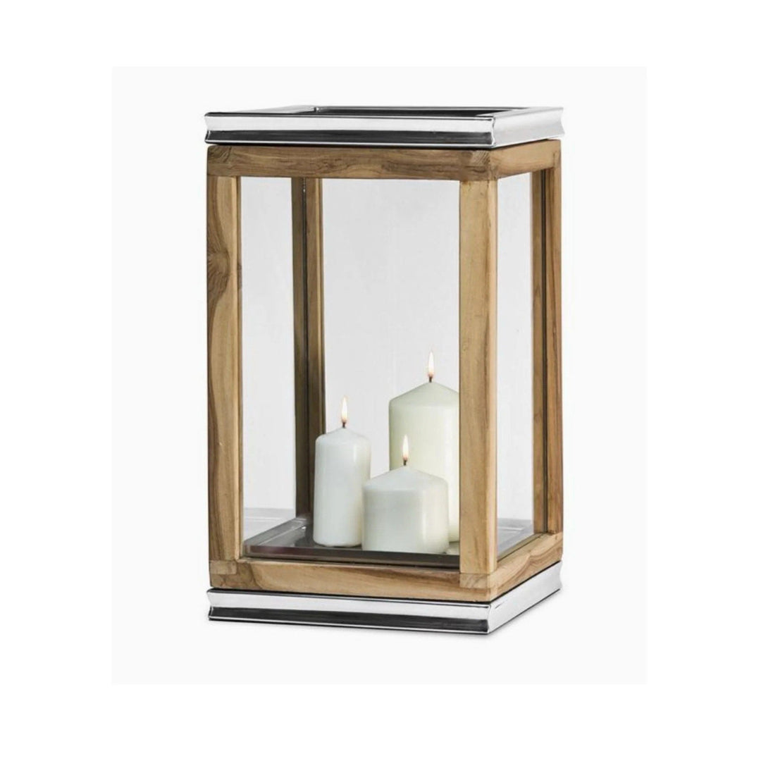 Elegant Teak & Glass Dubai Lantern with Stainless Steel Detail - Sutherland Interiors