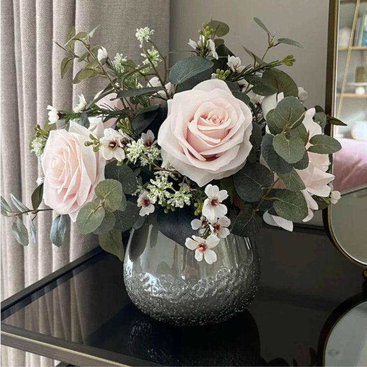 Eucalyptus, Roses and Waxflower in a Smokey Vase small - Sutherland Interiors