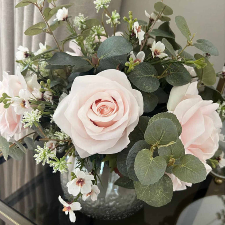 Eucalyptus, Roses and Waxflower in a Smokey Vase small - Sutherland Interiors