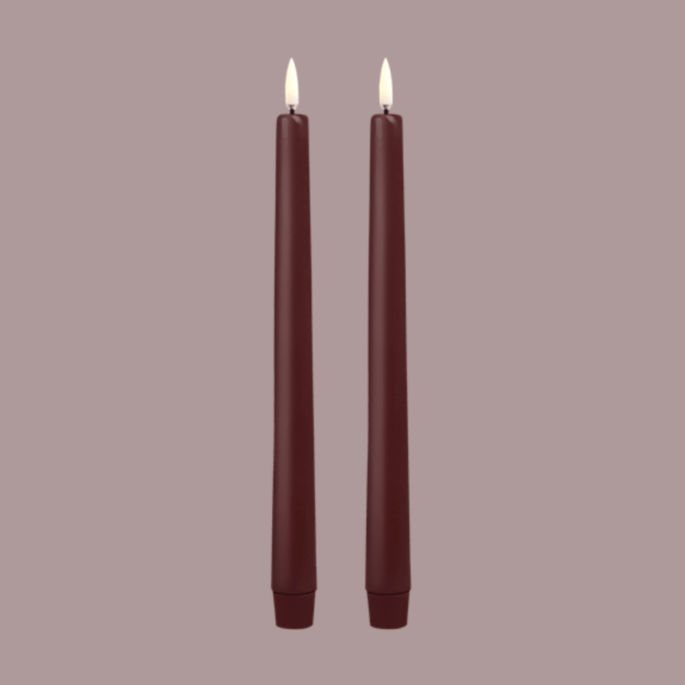 Wine red LED taper candles with realistic flame effect 