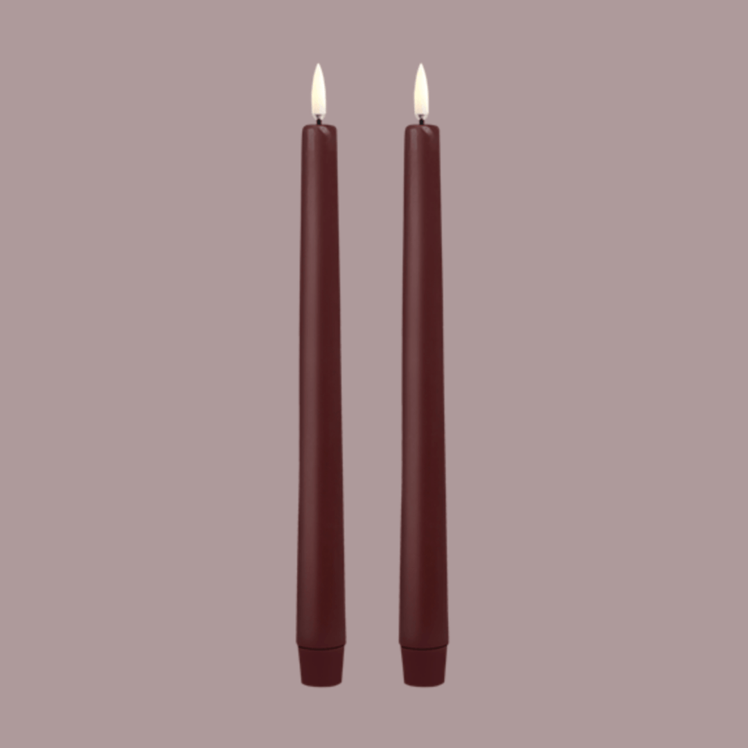 Wine red LED taper candles with realistic flame effect 