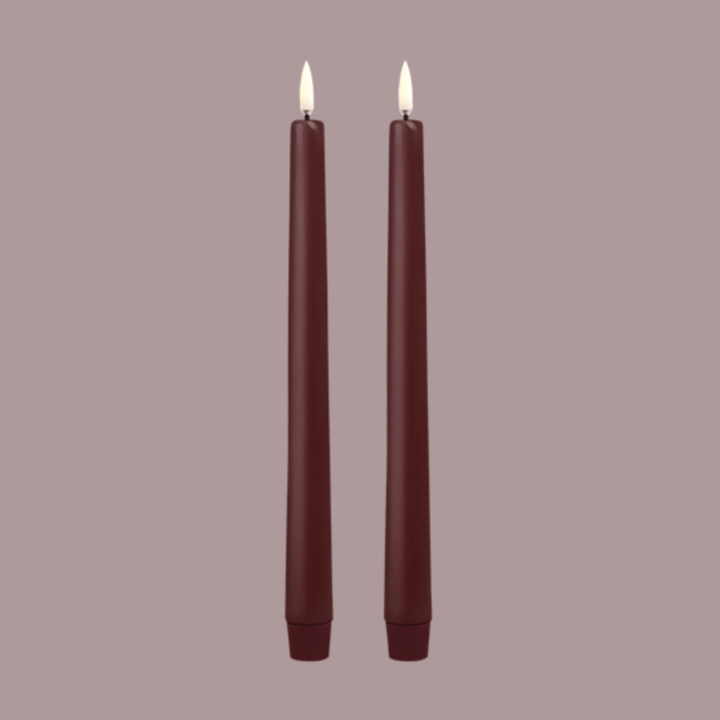 Wine red LED taper candles with realistic flame effect 
