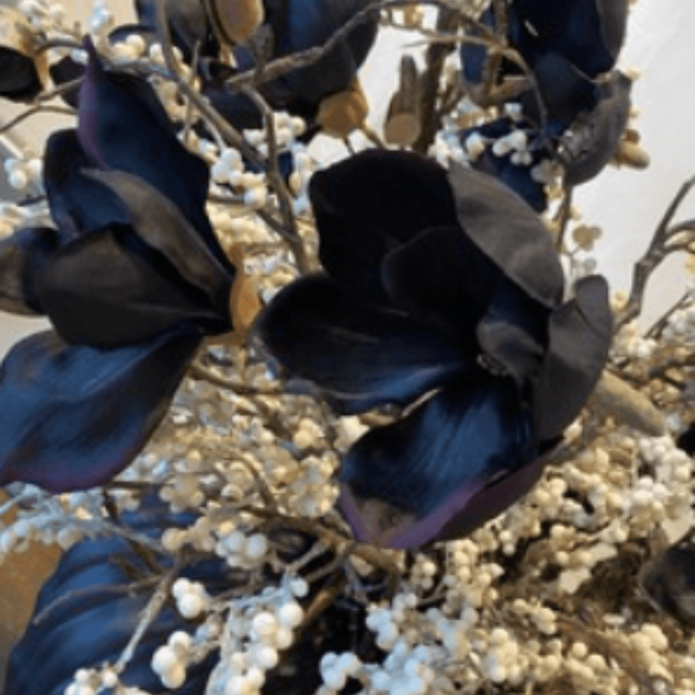 Magnolia/Berries on a black Ridged Vase - Sutherland Interiors