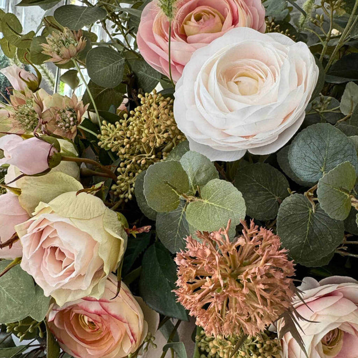 Peach Ranunculus, Astrantia, Eucalyptus in Taupe Vase - Sutherland Interiors