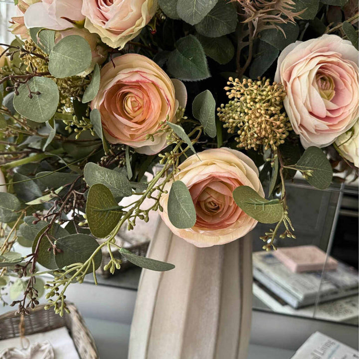 Peach Ranunculus, Astrantia, Eucalyptus in Taupe Vase - Sutherland Interiors