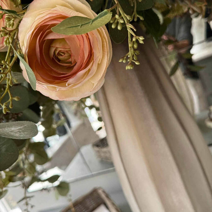 Peach Ranunculus, Astrantia, Eucalyptus in Taupe Vase - Sutherland Interiors
