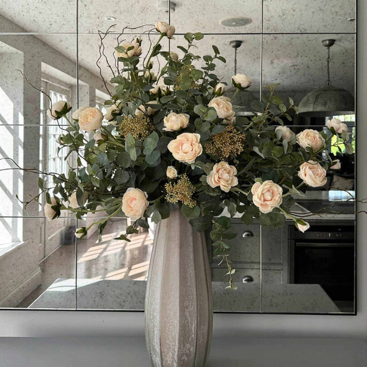 Pink Ranunculus and Eucalyptus in a Frosted Vase - Sutherland Interiors