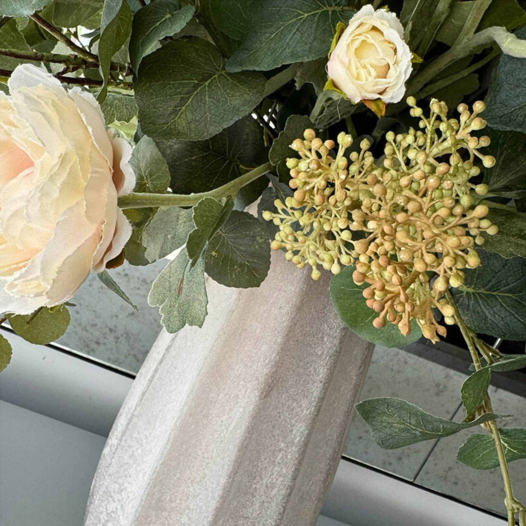 Pink Ranunculus and Eucalyptus in a Frosted Vase - Sutherland Interiors