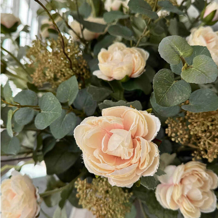 Pink Ranunculus and Eucalyptus in a Frosted Vase - Sutherland Interiors
