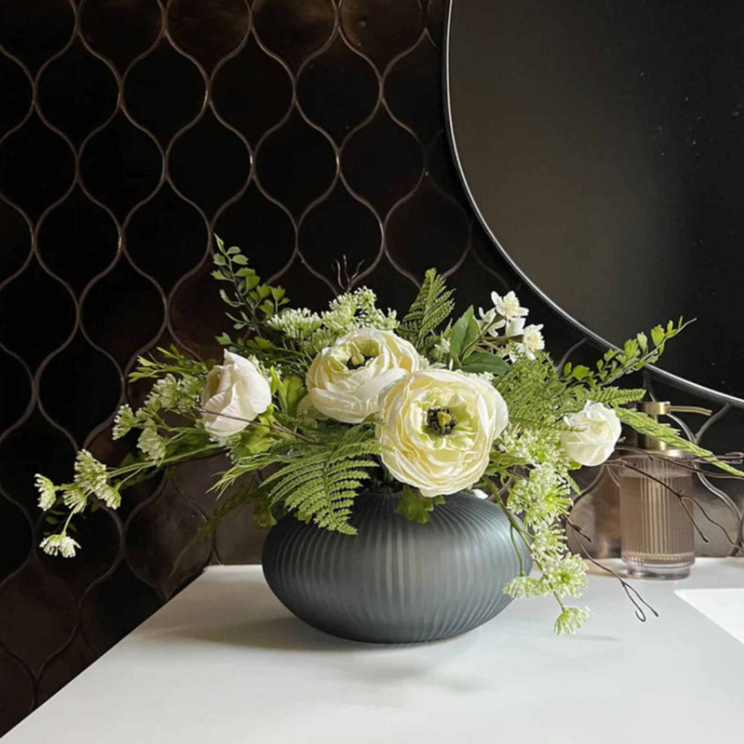 Ranunculus and Fern in a Blue Glass Bowl - Sutherland Interiors