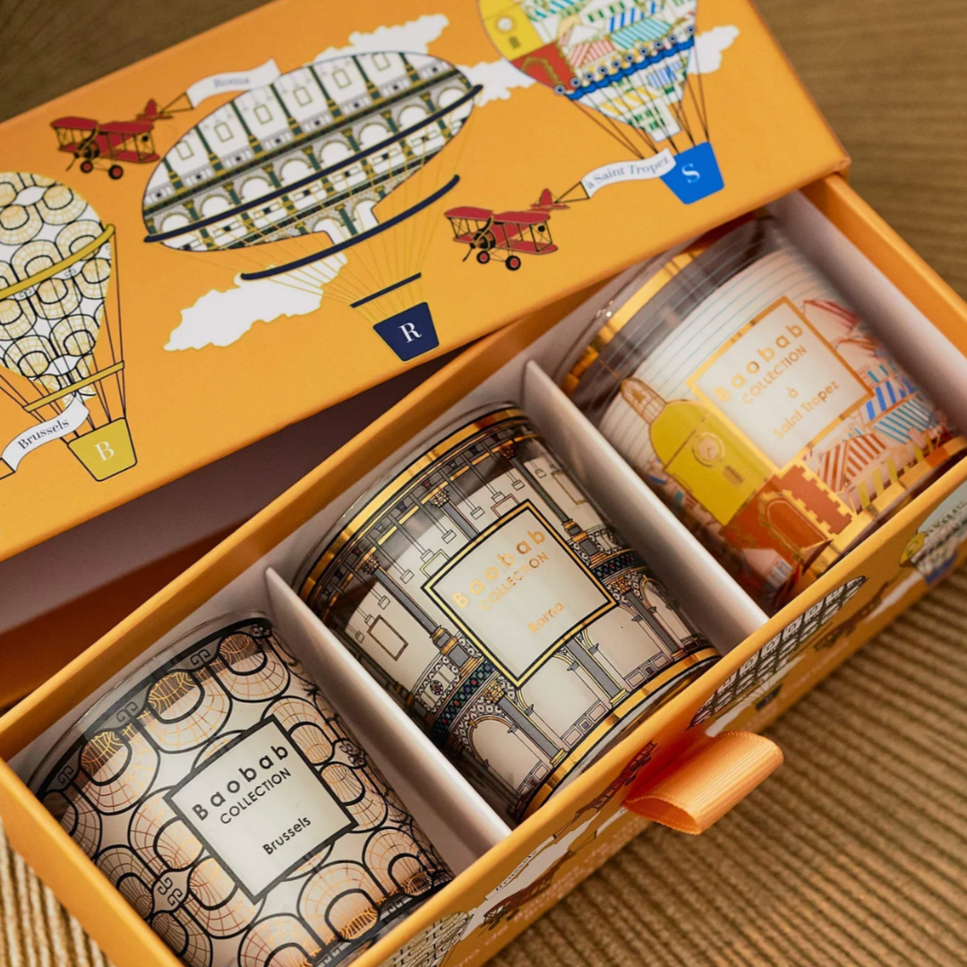 Baobab Trio Travel Candles – Brussels · Roma · Saint Tropez