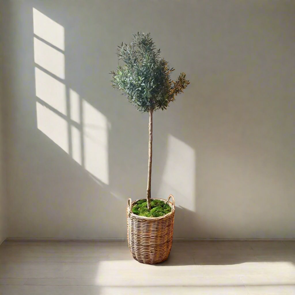 artificial olive tree in brown wicker basket