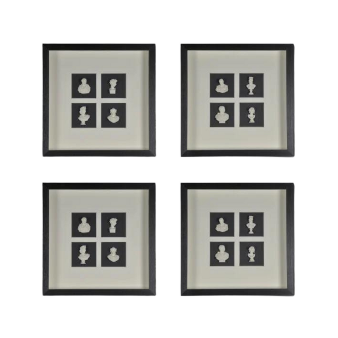 Two sets of Roman busts in frames as art
