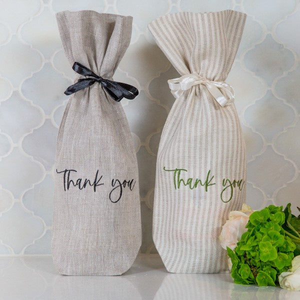 Thank You Linen Wine Bag Flax