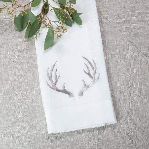 Linen Towel with Antler - White/Taupe