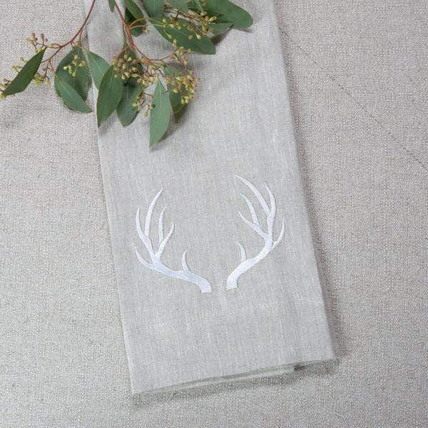Linen Towel with Antler - Taupe/White